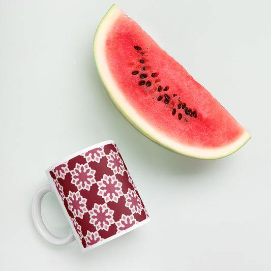 White glossy mug - Arabesque Flower in Rouge