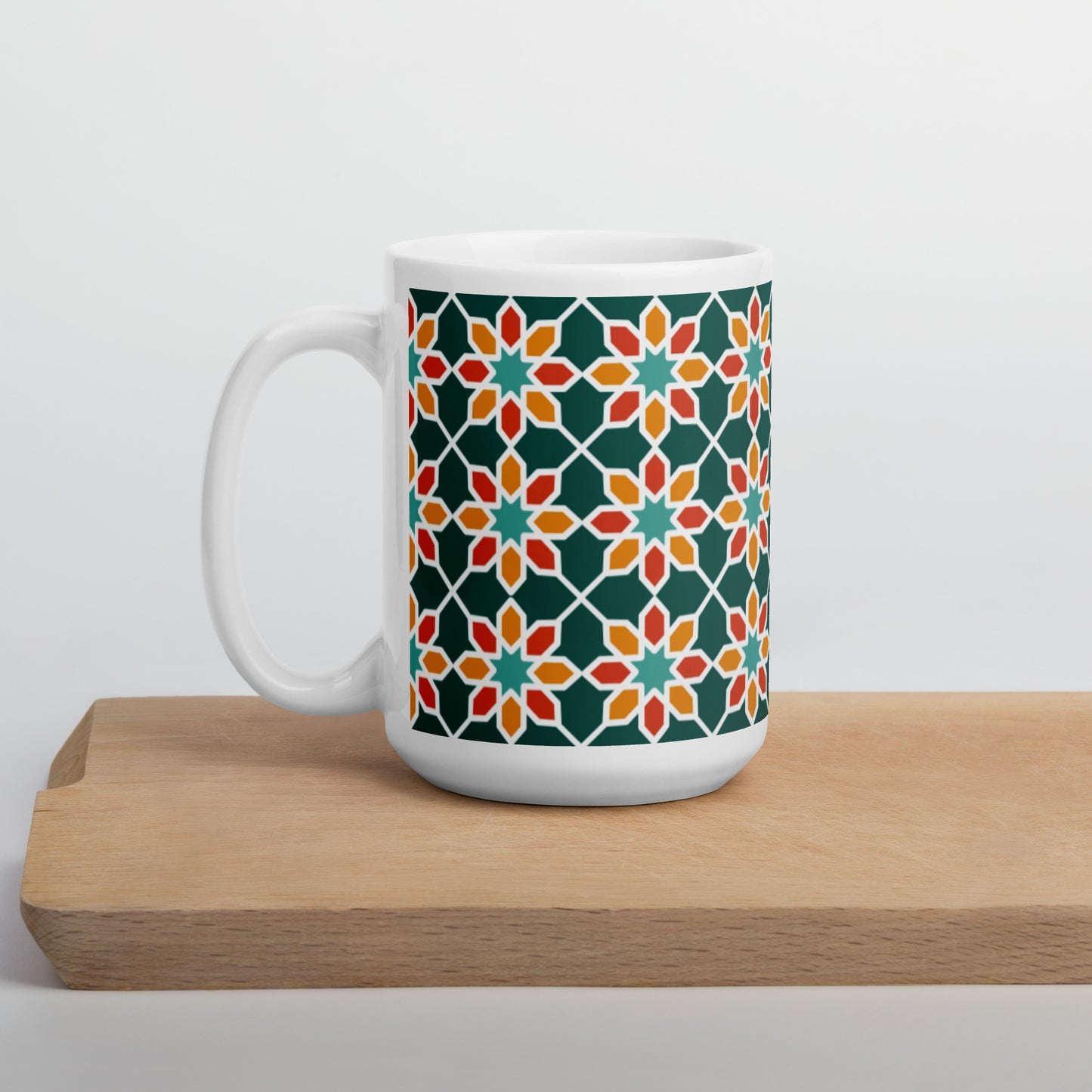 White glossy mug - Geometric Desert Daisy in Green