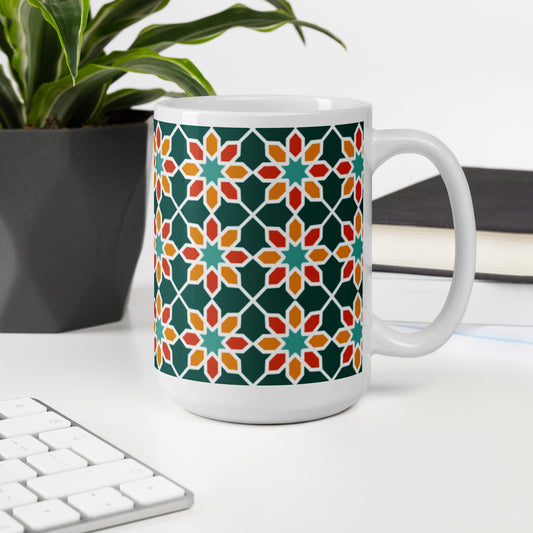 White glossy mug - Geometric Desert Daisy in Green