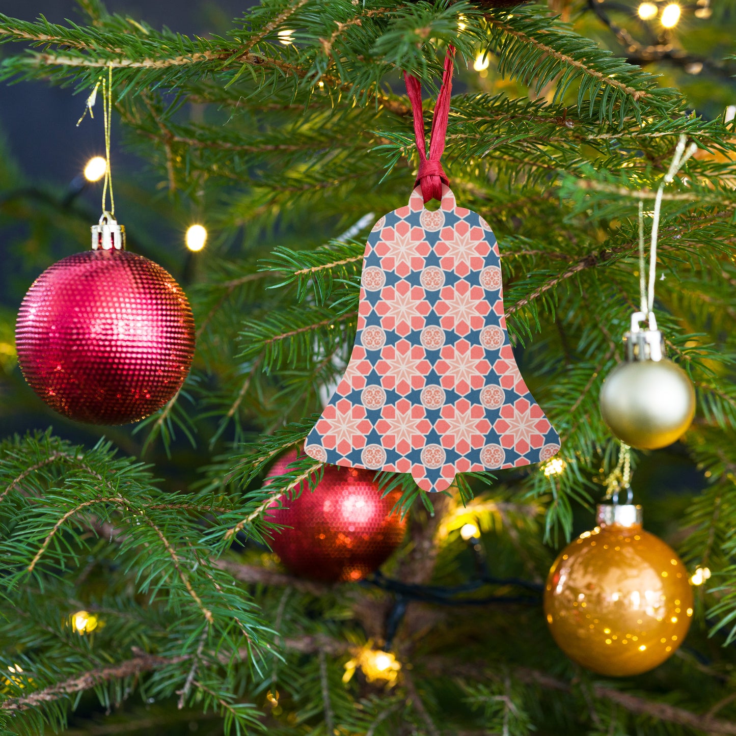 Wooden Holiday Ornaments - Geometric Arabesque Mashup in Pink