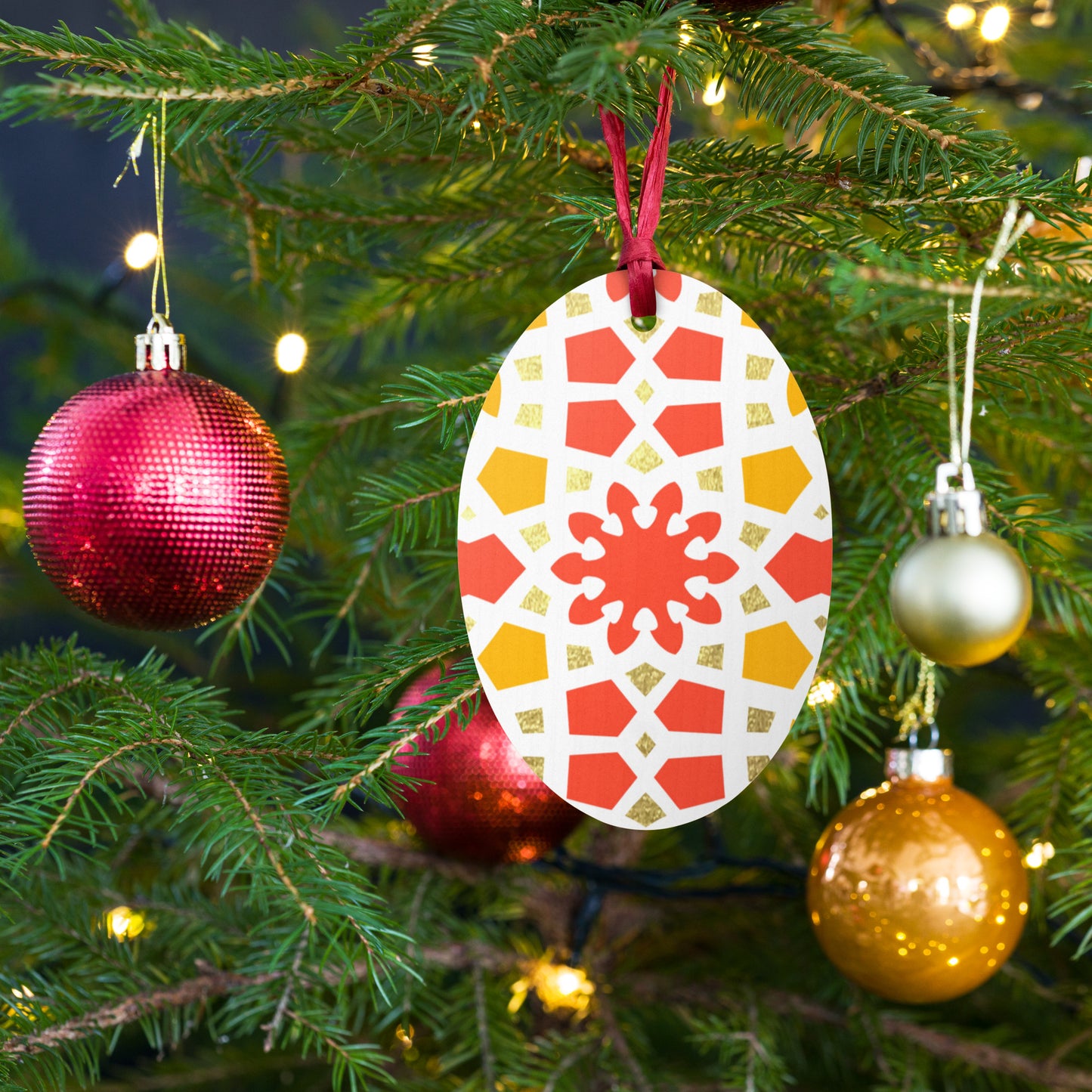 Wooden Holiday Ornaments - Geometric Arabesque in Orange Yellow and Gold
