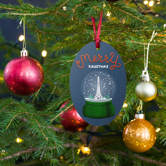 Wooden Holiday Ornaments - Merry KAUSTmas Beacon Snow Globe
