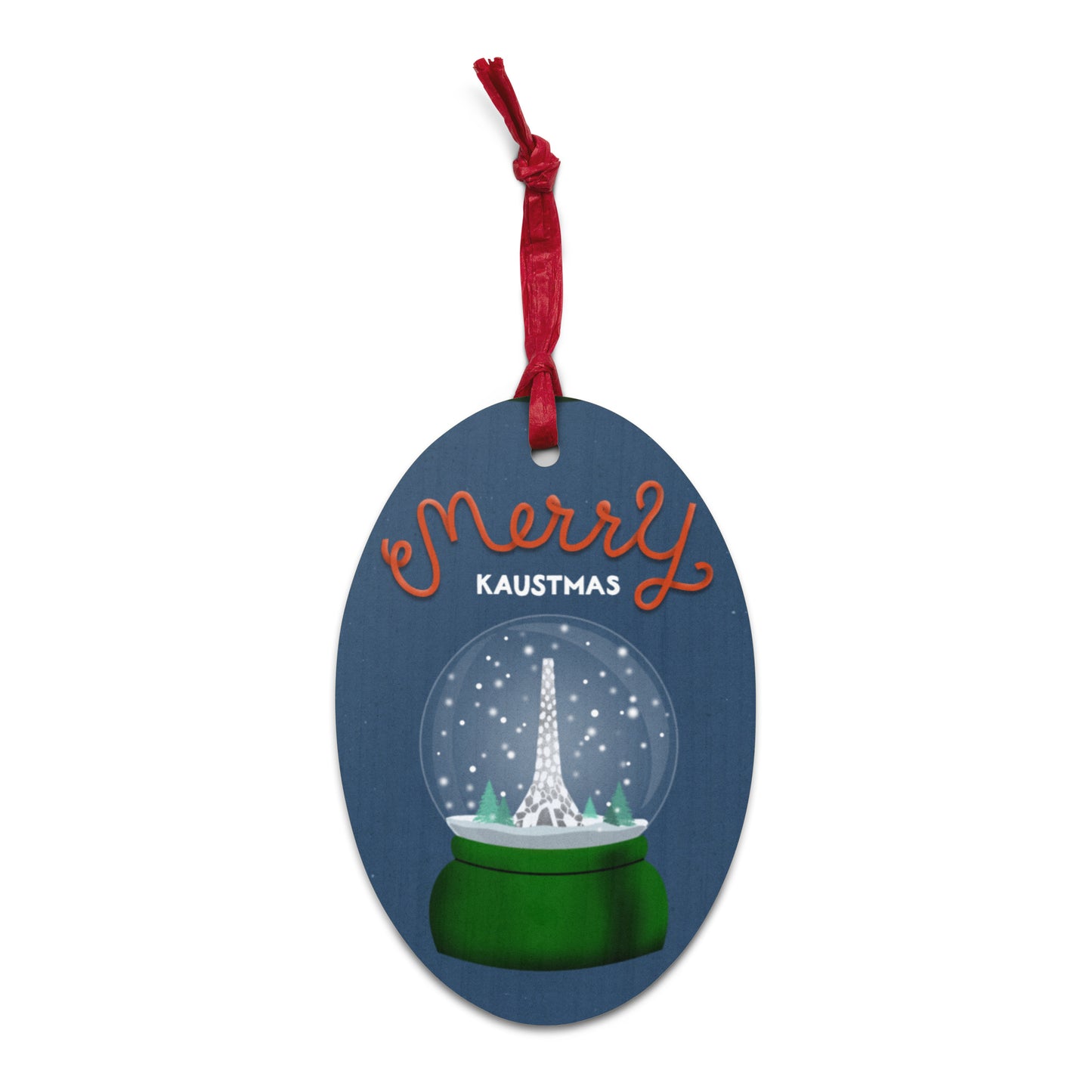 Wooden Holiday Ornaments - Merry KAUSTmas Beacon Snow Globe