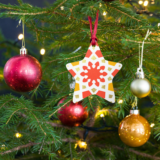 Wooden Holiday Ornaments - Geometric Arabesque in Orange Yellow and Gold