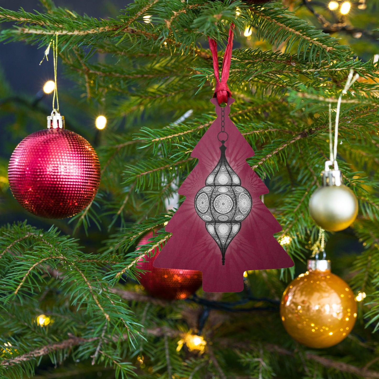 Wooden Holiday Ornaments - Merry and Bright Arabic Lantern